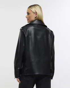 Petite black faux leather oversized jacket