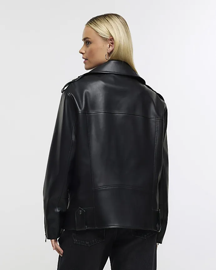 Petite black faux leather oversized jacket