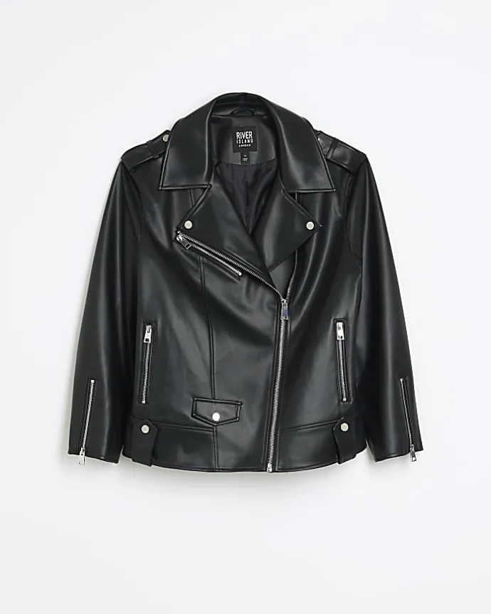 Petite black faux leather oversized jacket