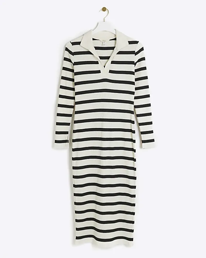 Petite black rib stripe bodycon midi dress
