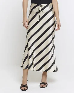 Petite black satin stripe midi skirt