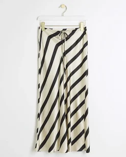 Petite black satin stripe midi skirt