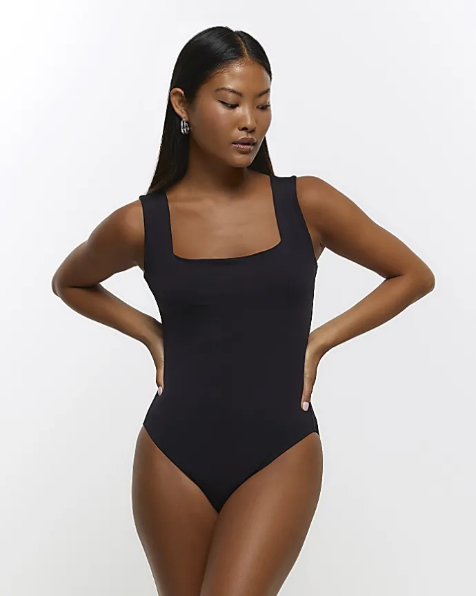 Petite black square neck bodysuit