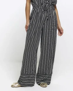 Petite black stripe wide leg trousers