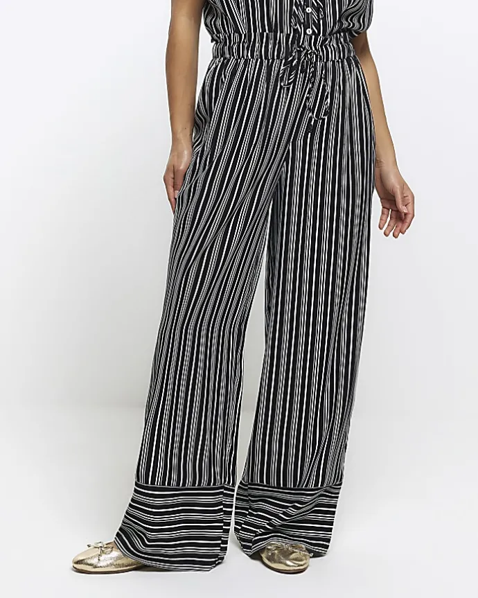 Petite black stripe wide leg trousers