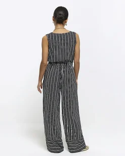 Petite black stripe wide leg trousers
