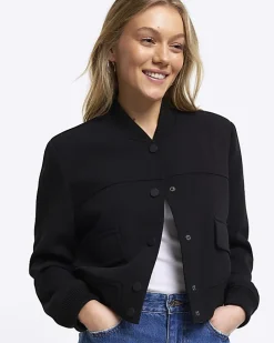 Petite black tailored crop bomber jacket