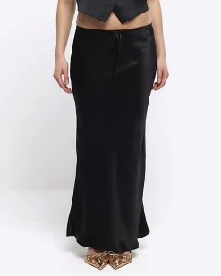 Petite black tie waist maxi skirt