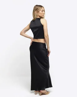 Petite black tie waist maxi skirt