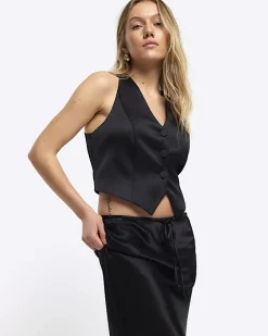 Petite black tie waist maxi skirt