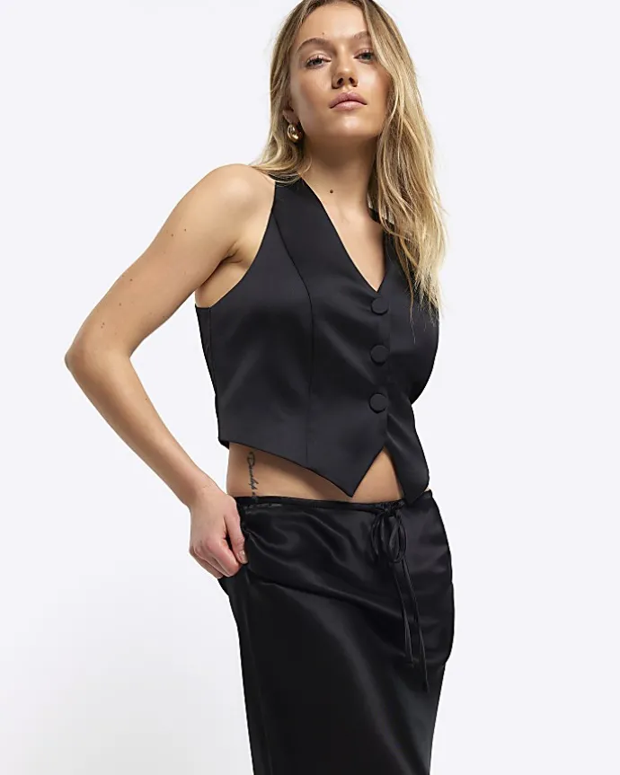 Petite black tie waist maxi skirt