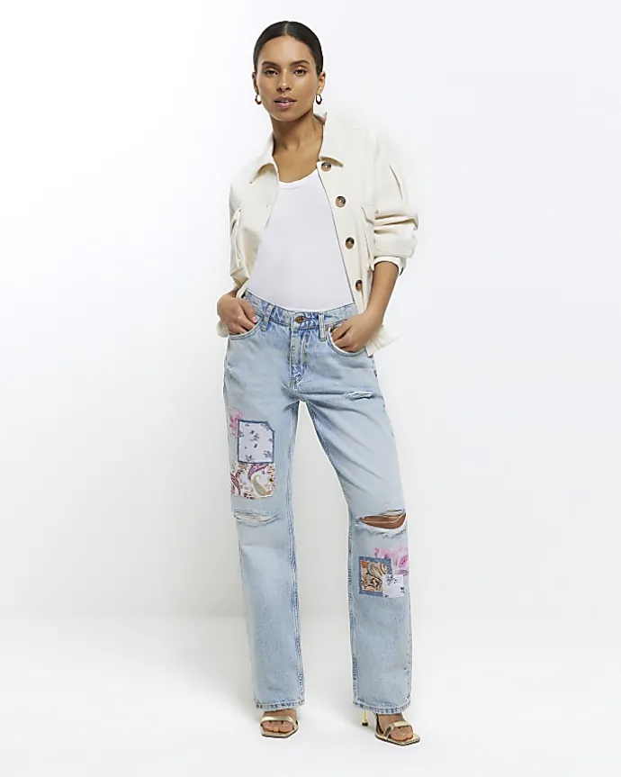 Petite blue patch stove straight jeans