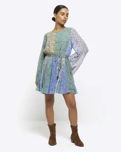 Petite blue patchwork belted shift mini dress