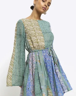Petite blue patchwork belted shift mini dress