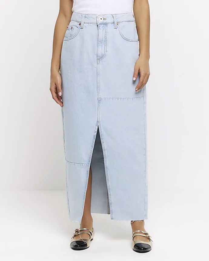 Petite blue seamed denim maxi skirt