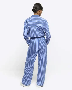 Petite blue stripe poplin pull on trousers