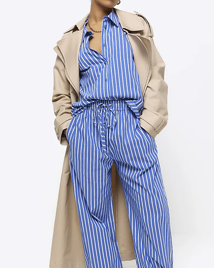 Petite blue stripe poplin pull on trousers