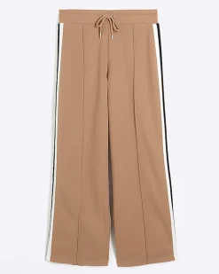 Petite brown side stripe wide leg joggers