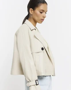 Petite Cream Faux Leather Trench Coat