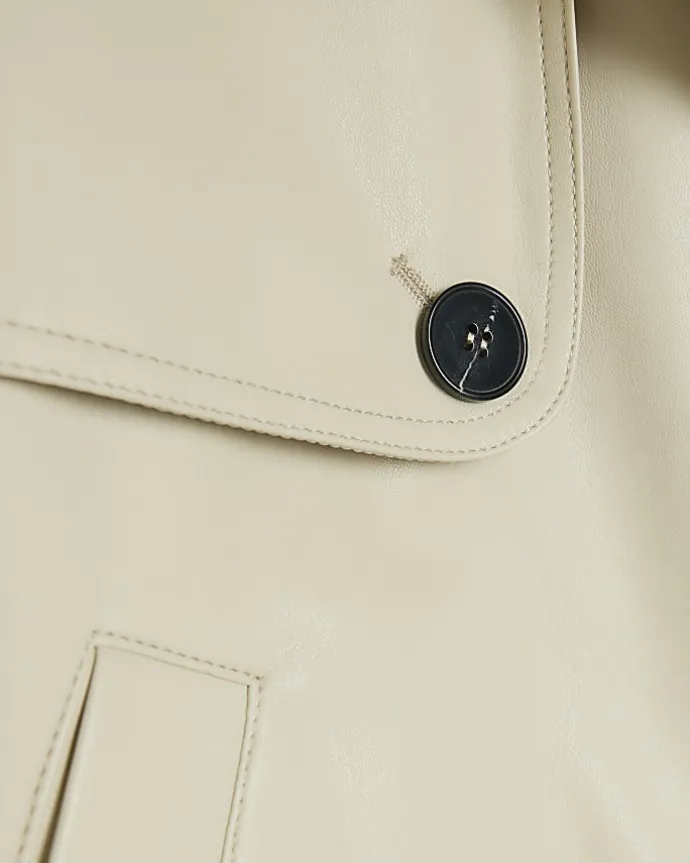 Petite Cream Faux Leather Trench Coat