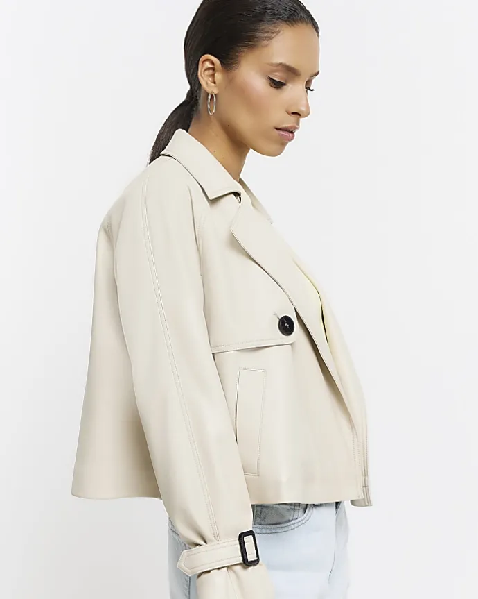 Petite Cream Faux Leather Trench Coat