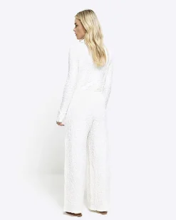 Petite cream textured wide leg trousers
