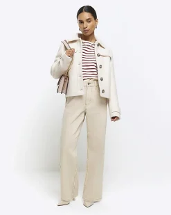 Petite ecru high waisted straight jeans