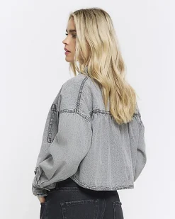 Petite grey crop denim shirt