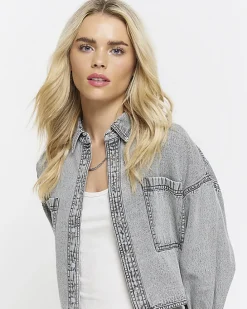 Petite grey crop denim shirt