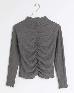 Petite grey ruched long sleeve top