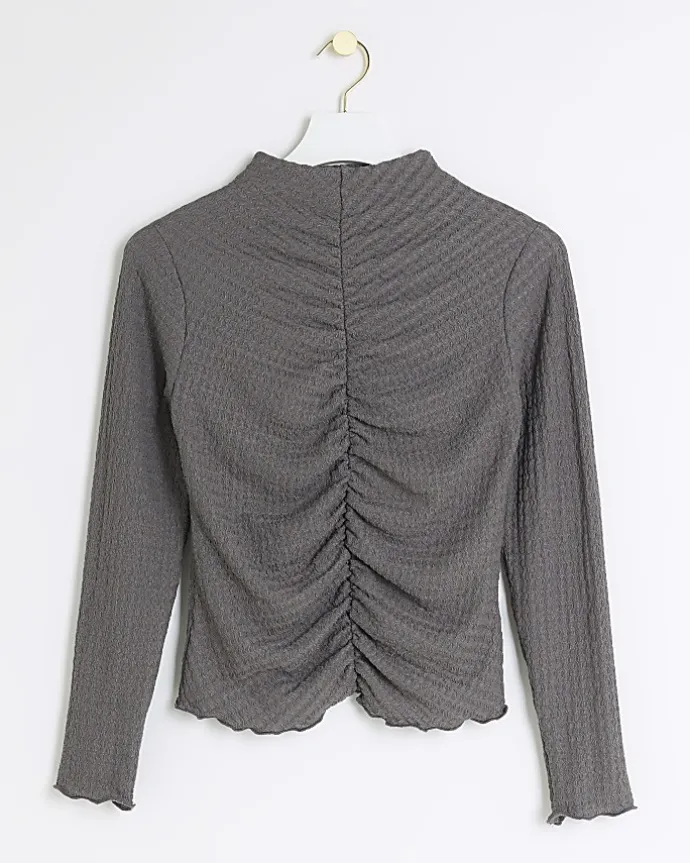 Petite grey ruched long sleeve top