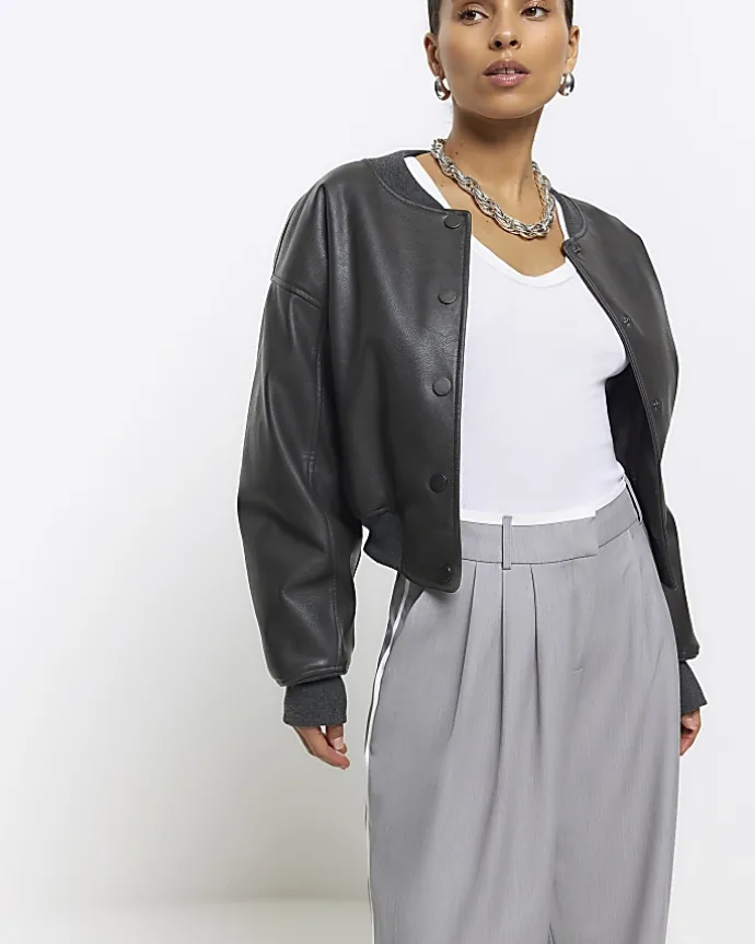 Petite grey side stripe wide leg trousers