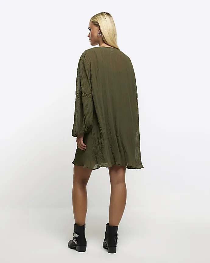 Petite khaki lace detail smock mini dress