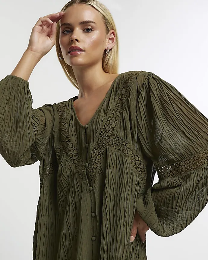 Petite khaki lace detail smock mini dress