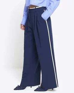 Petite navy side stripe wide leg trousers