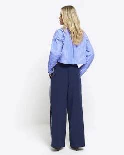 Petite navy side stripe wide leg trousers
