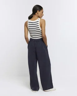 Petite Navy wide leg lyocell trousers