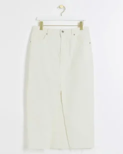 Petite white split hem denim maxi skirt