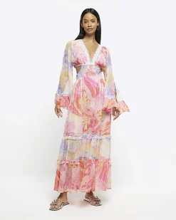 Pink chiffon abstract print beach maxi dress