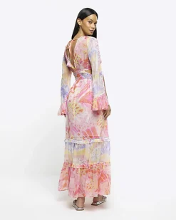 Pink chiffon abstract print beach maxi dress