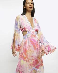 Pink chiffon abstract print beach maxi dress