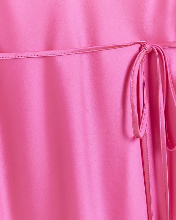 Pink satin cowl neck slip midi dress