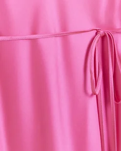 Pink satin cowl neck slip midi dress