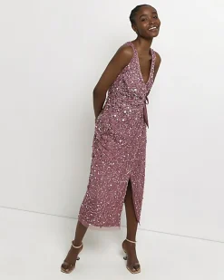 Pink Sequin Wrap Midi Dress
