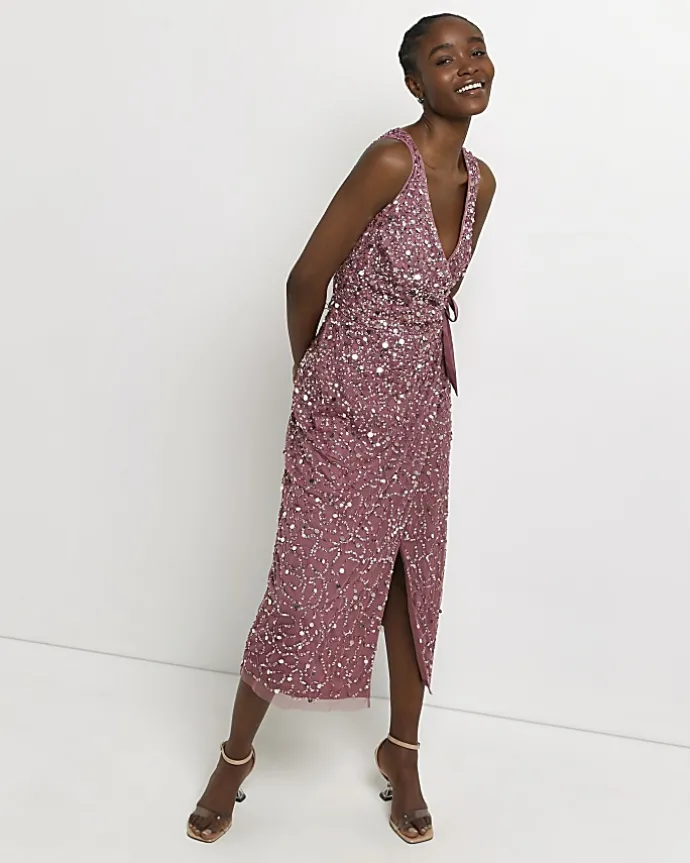 Pink Sequin Wrap Midi Dress