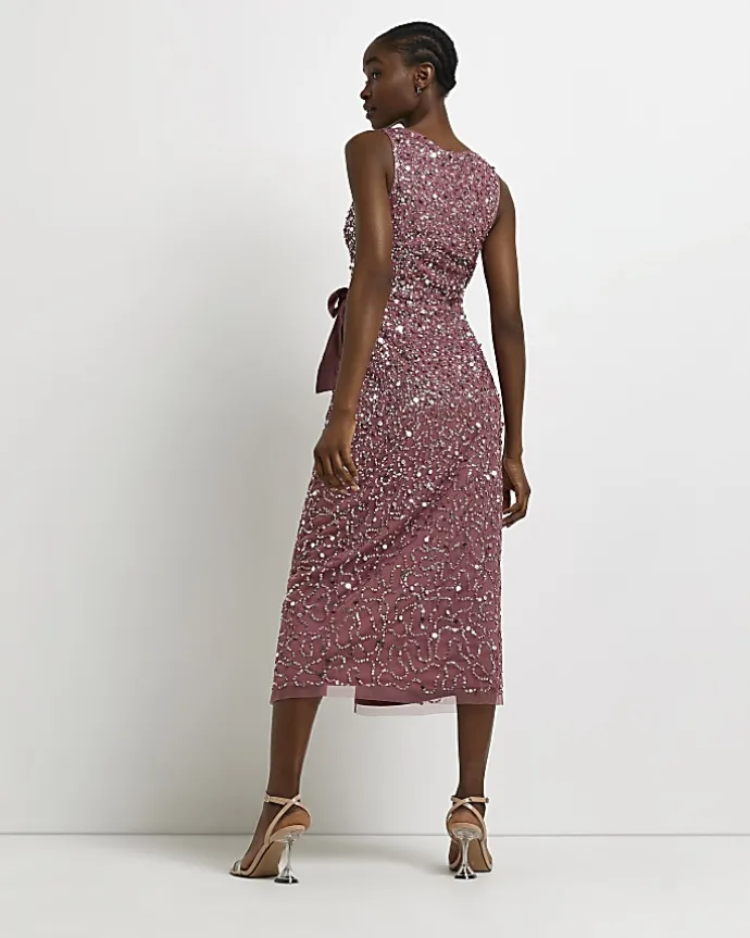 Pink Sequin Wrap Midi Dress