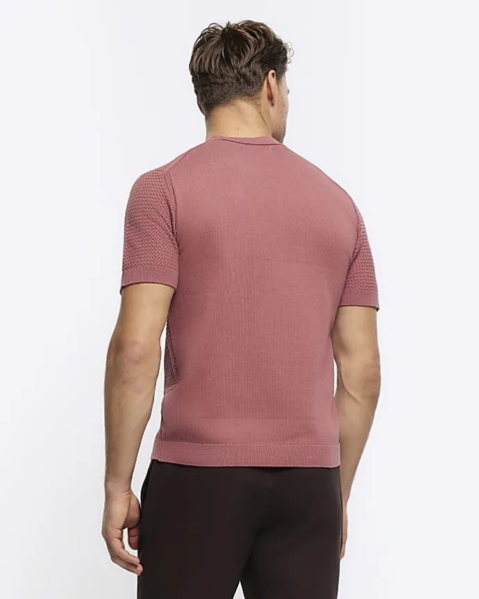 Pink slim fit textured knit t-shirt