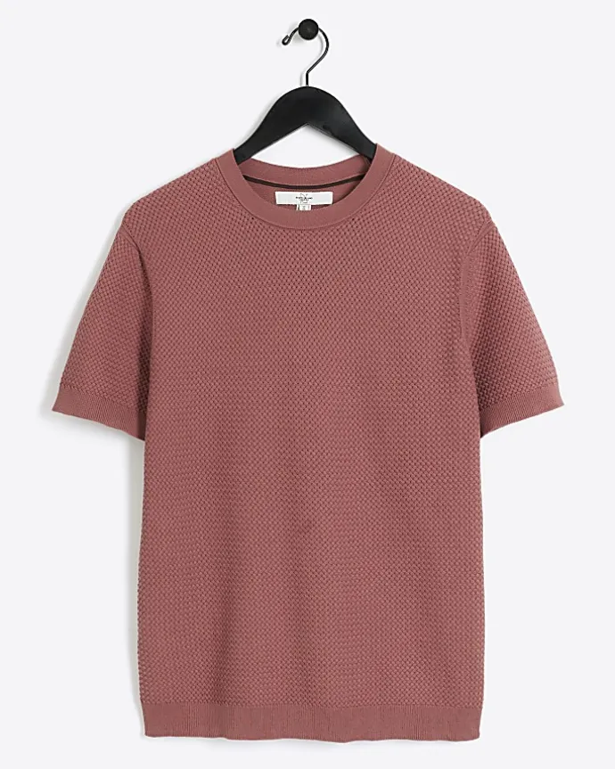 Pink slim fit textured knit t-shirt