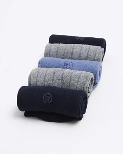 5PK Blue ribbed ankle socks