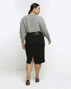 Plus black faux leather midi skirt
